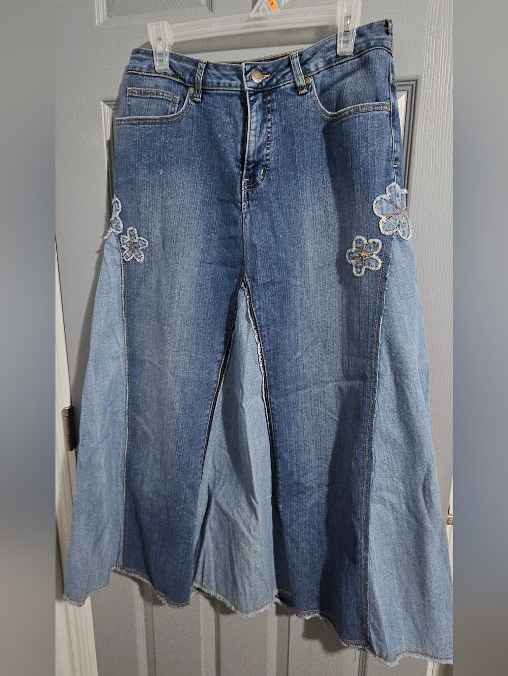 Women's Two-Tone Floral Panel Jean Skirt - Blue
